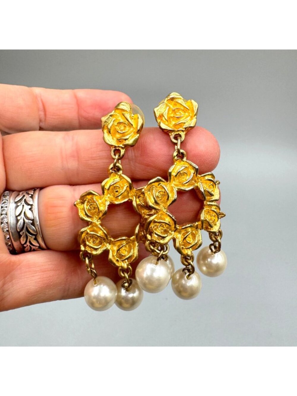 Vintage Rose and Faux Pearl Dangle Earrings Waterfall Bridal Statement Wedding - Picture 2 of 11